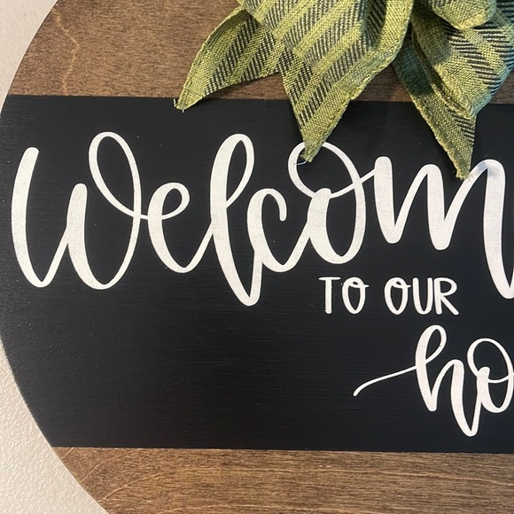Hand Crafted Welcome Sign Wooden Hanging Sign with Bow and Greenery - Picture 3 of 5
